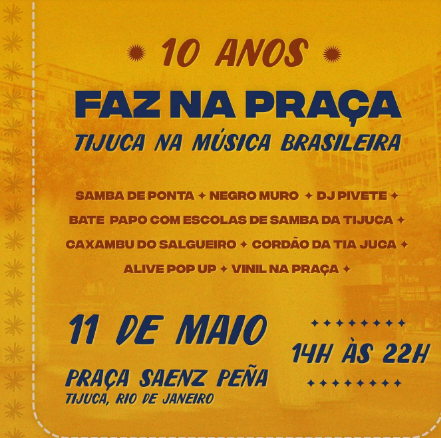 Atividade gratuita na Praça Saenz Peña terá samba, debates DJs e Caxambú neste sábado